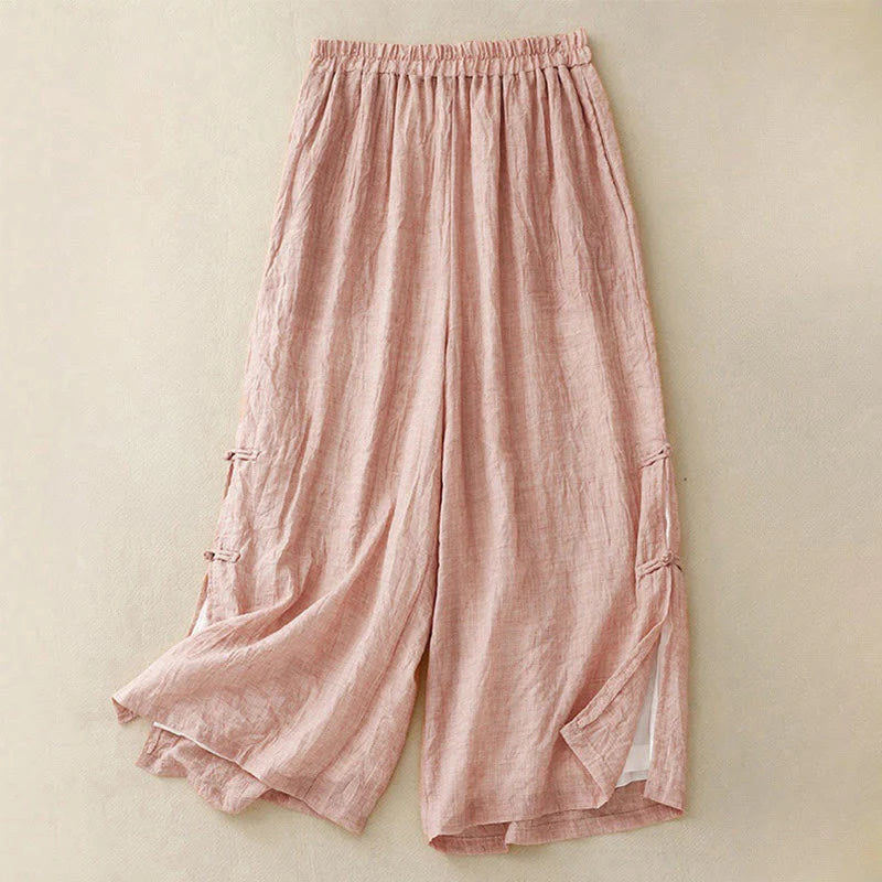 Buddha Stones Casual Plain Color Chinese Frog Button Cotton Linen Women's Wide Leg Pants
