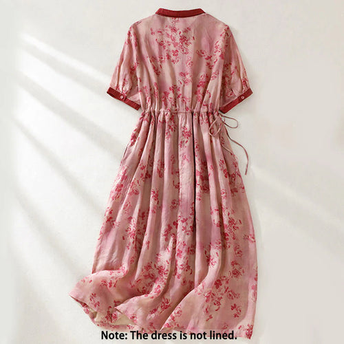 Buddha Stones Printing Buttons Drawstring High Waist Short Sleeve Cotton Midi Dress With Pockets