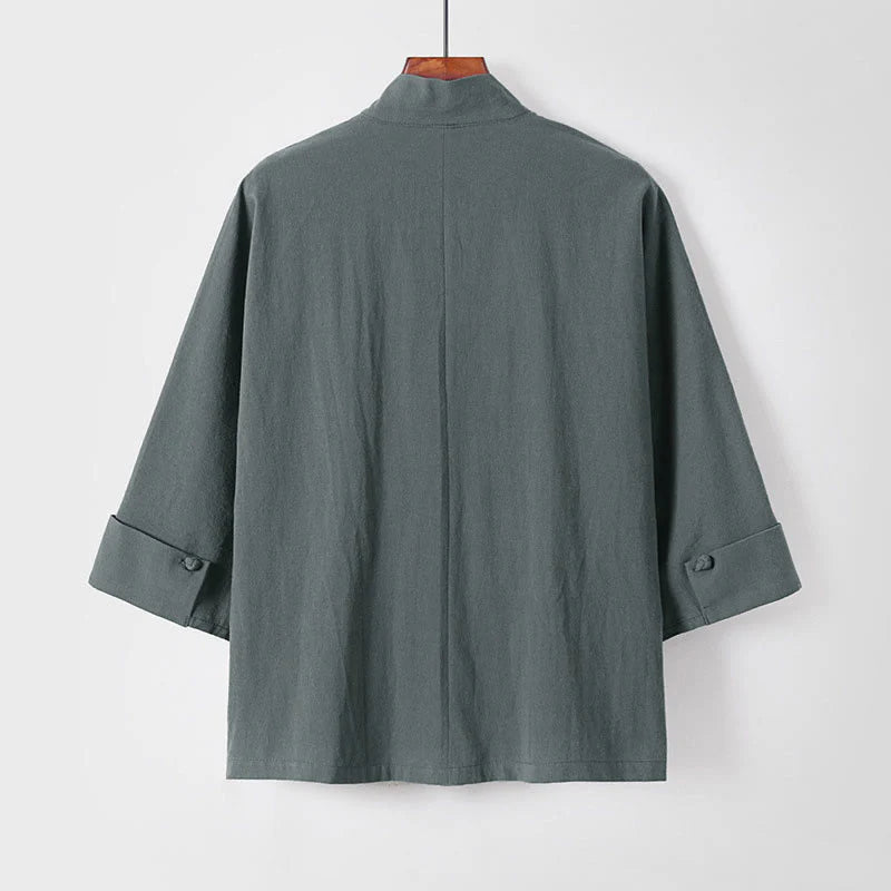 Buddha Stones Plain One Chinese Frog-Button Jacket Cotton Linen Men's Half Sleeve Kimono