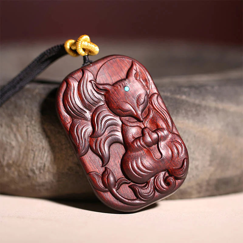 Buddha Stones Small Leaf Red Sandalwood Nine Tailed Fox Pattern Longevity Necklace Pendant (Extra 35% Off | USE CODE: FS35)
