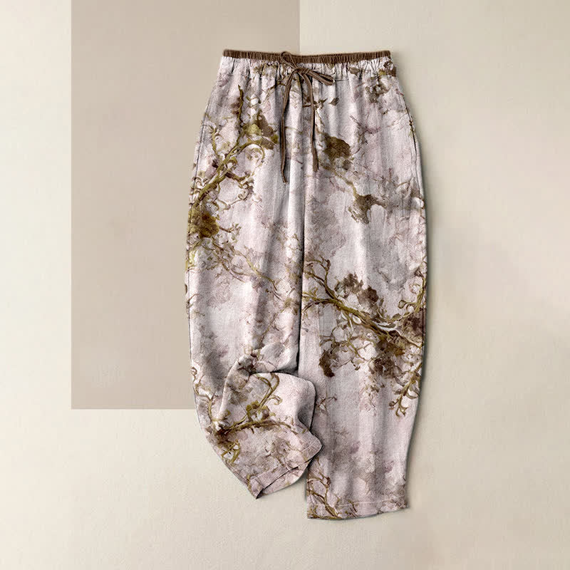 Buddha Stones Print Branches Floral Elements Women's Pure Cotton Pants With Pockets