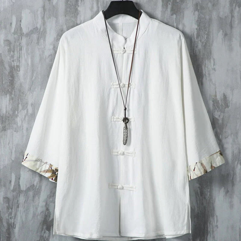 Buddha Stones Summer Frog-button Patchwork Half Sleeve Design Cotton Linen Men's Shirt Jacket