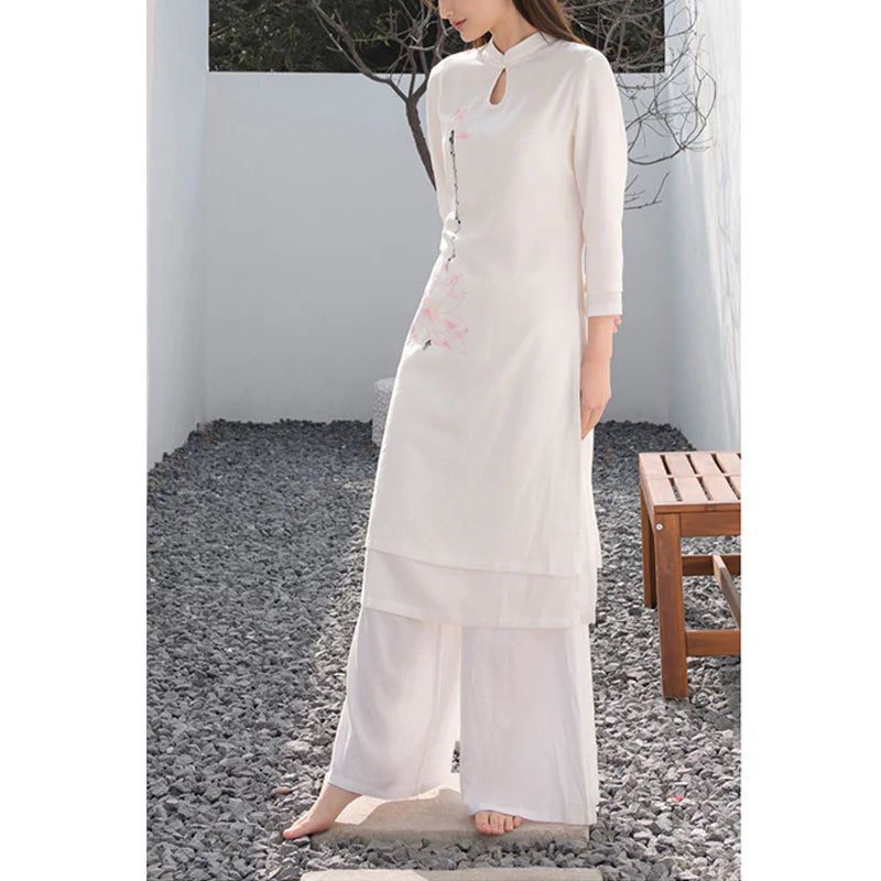 Buddha Stones 2Pcs Lotus Pattern Tai Chi Meditation Yoga Cotton Linen Clothing Top Pants Women's Set  (Extra 30% Off | USE CODE: FS30)