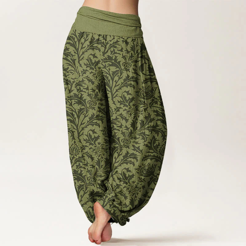 Buddha Stones Cotton Flowers Buds Serrated Leaves Pattern Women's Elastic Waist Harem Pants