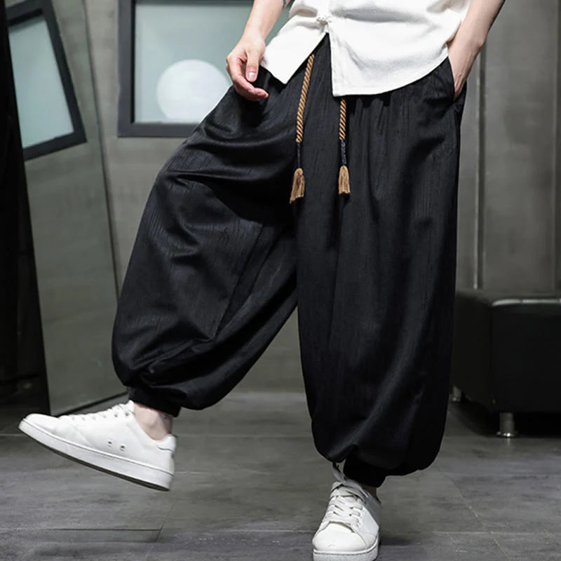 Buddha Stones Casual Daily Pure Color Drawstring Design Men's Harem Pants With Pockets