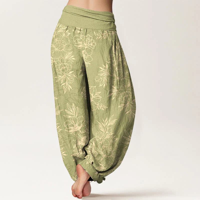 Buddha Stones Cotton Complicated Flowers Leaves Pattern Women's Elastic Waist Harem Pants