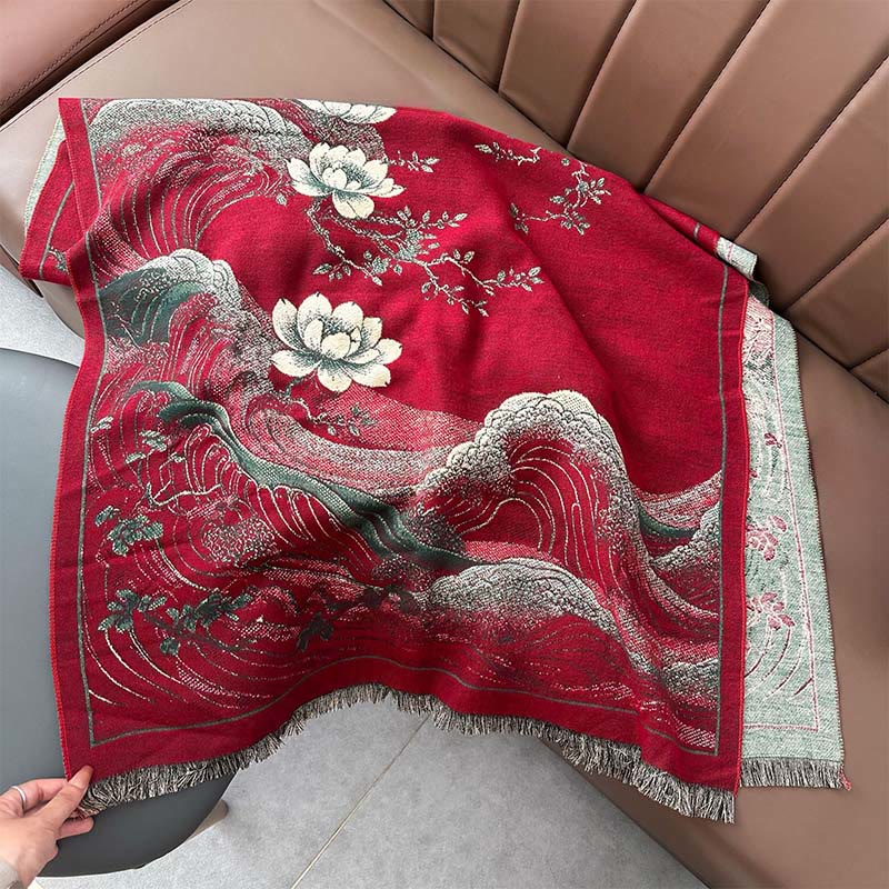 Buddha Stones Fall Lotus Flowers Ocean Waves Pattern Soft Scarf Tassel Shawl