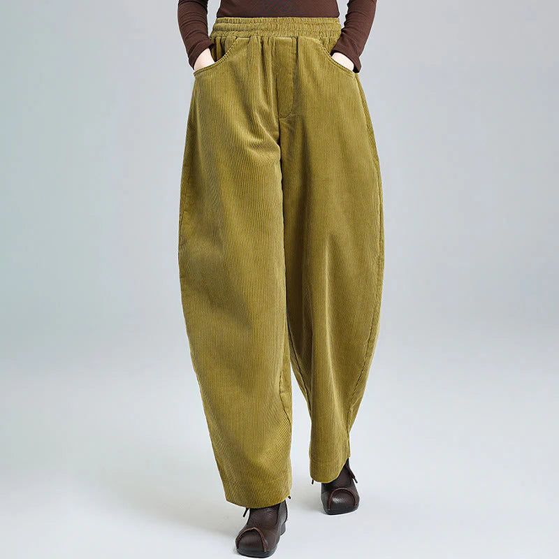 Buddha Stones Women's Fall Plain Ankle-Length Simple Design Corduroy Pants With Pockets
