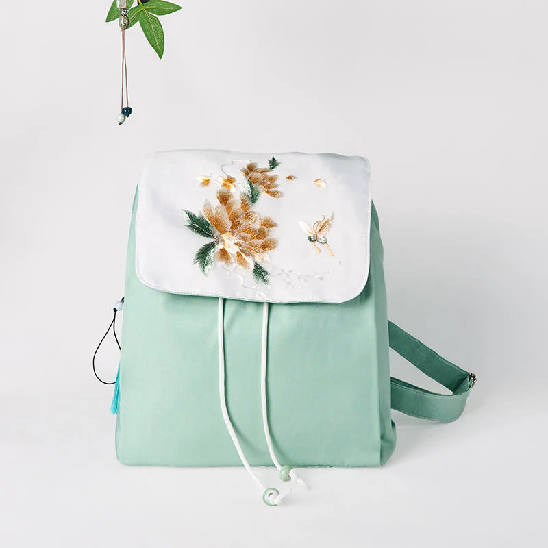 Buddha Stones Handmade Green Peony Flowers Embroidered Large Capacity Canvas Backpack