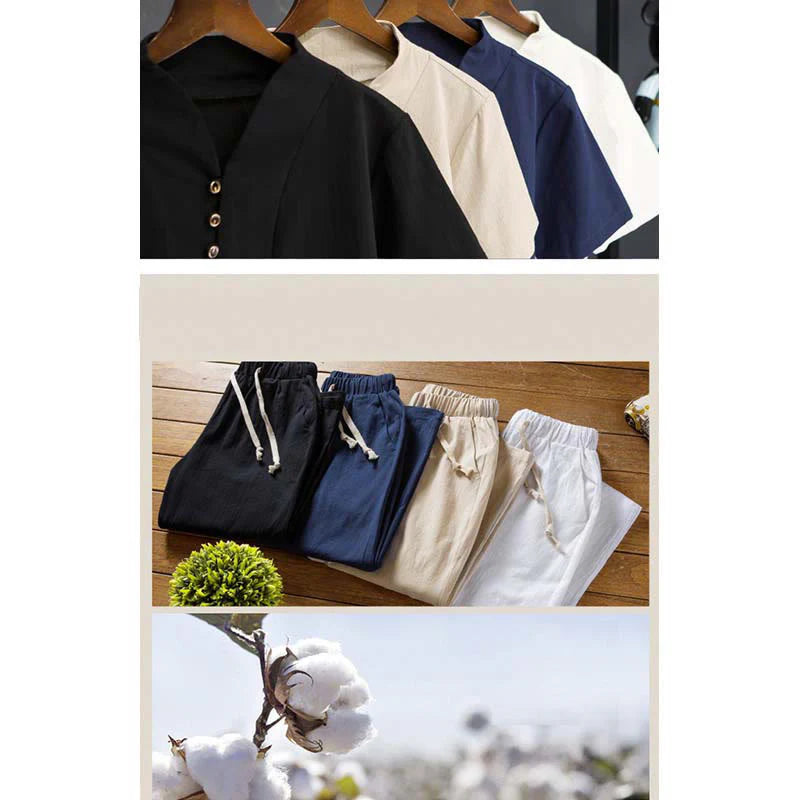 Buddha Stones 2Pcs Solid Color Cotton Button Short Sleeve T-shirt Pants Men's Set