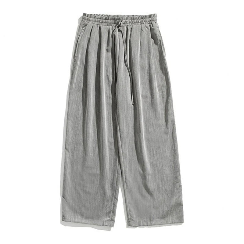 Buddha Stones Summer Casual Plain Straight Leg Design Men's Cotton Linen Drawstring Pants With Pockets