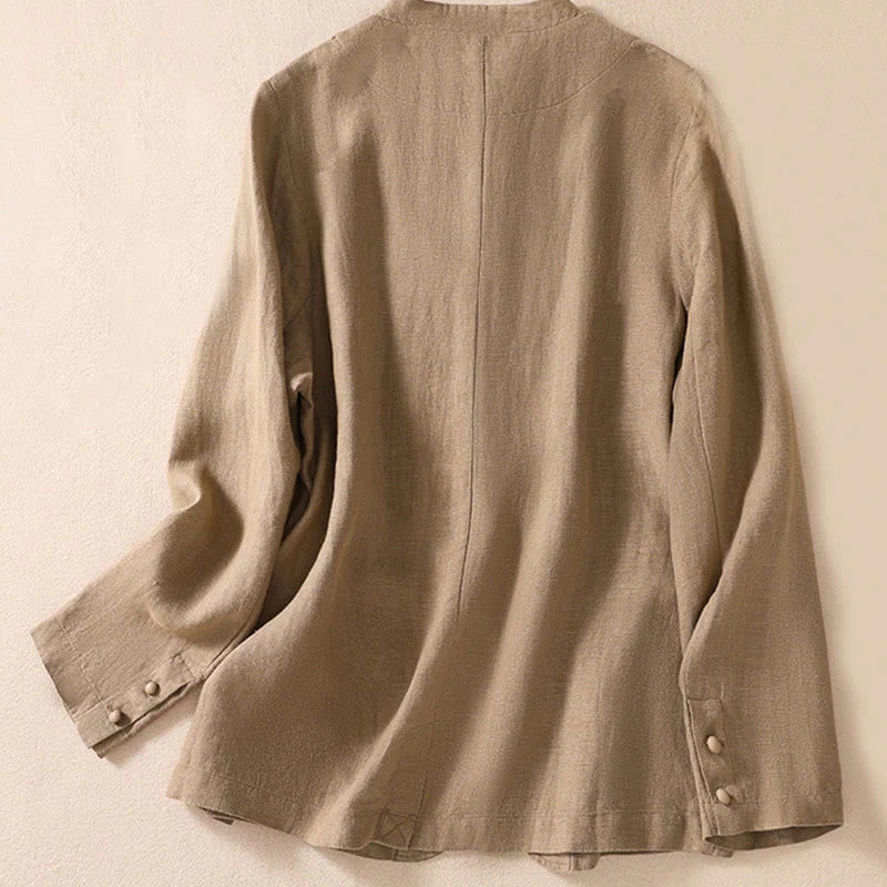 Buddha Stones Women's Cotton Linen Stand Collar Long Sleeve Shirt With Pockets