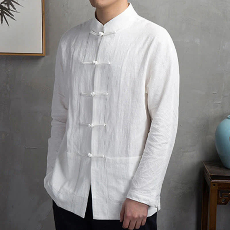 Buddha Stones Solid Color Casual Frog-button Men's Shirt Clothing