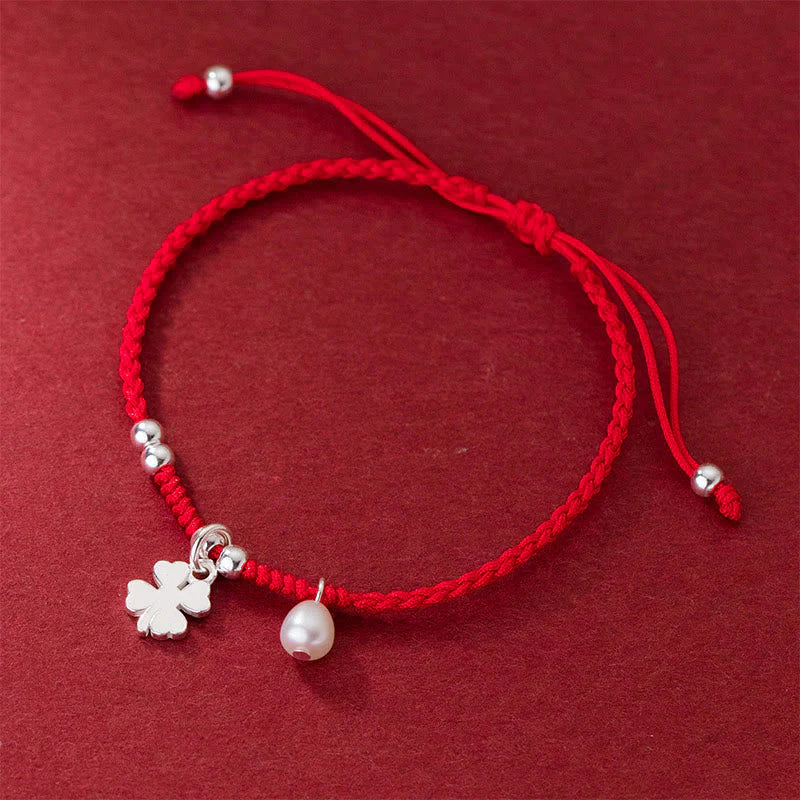 Buddha Stones Retro 925 Sterling Silver Four Leaf Clover Pearl Luck Red String Bracelet