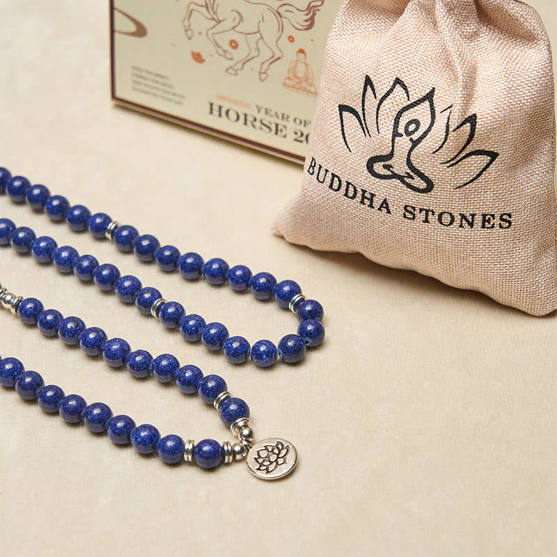 Buddha Stones 108 Beads Lazurite Lotus Symbol Charm Positive Mala