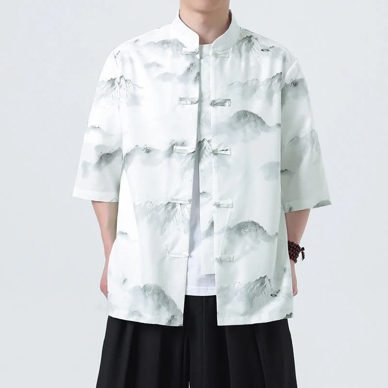 Buddha Stones Printing Chinese Ink Landscape Pattern Men's Frog-button Half Sleeve Shirts