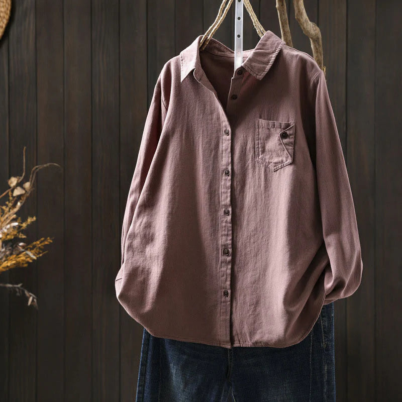 Buddha Stones Fall Buttons Down Pocket Decor Design Women's Stand Collar Long Sleeve Cotton Shirt