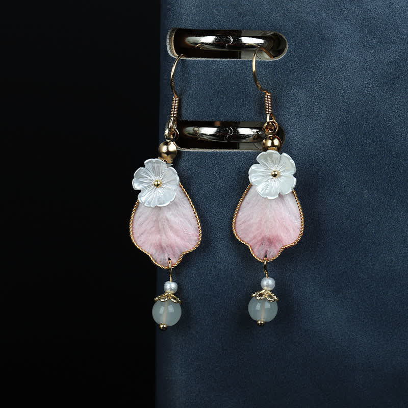 Buddha Stones Handcrafted Silk Art Petal Good Fortune Blessing Dangle Hook Earrings