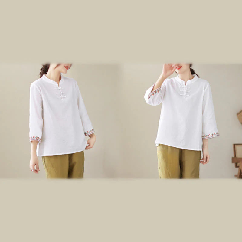 Buddha Stones Jacquard Frog-button Stand Collar Embroidered Three Quarter Sleeve Design Women's Cotton Shirt
