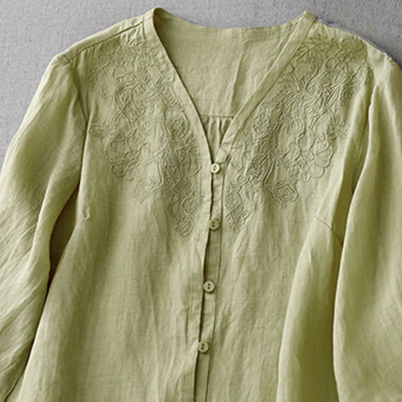 Buddha Stones Artistic Pure Color Embroidered Front Button Design Women's Cotton Half Sleeve Shirt Cardigan