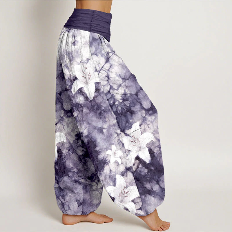 Buddha Stones Pure Cotton Watercolor Style Lily Pattern Women's Elastic Waist Harem Pants