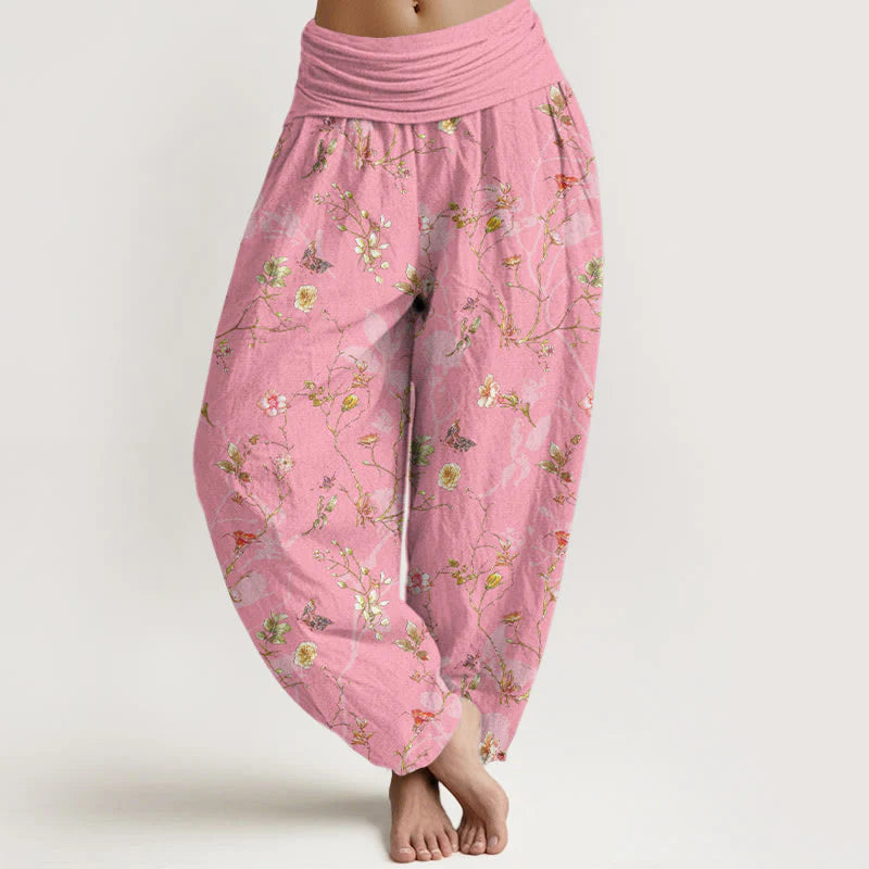 Buddha Stones Pure Cotton Retro Flowers Leaves Branches Pattern Women's Elastic Waist Harem Pants