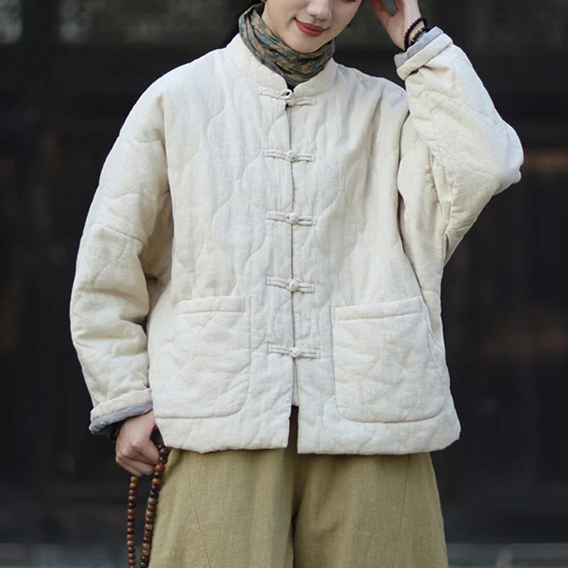 Buddha Stones Winter Curved Lines Frog-Button Ramie Cotton Long Sleeve Women's Thermal Jacket With Pockets