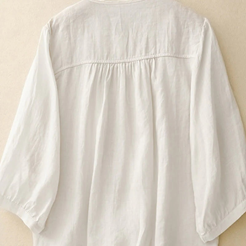 Buddha Stones Plain Button Crew Neck Design Women's Blend Three Quarter Sleeve Shirt