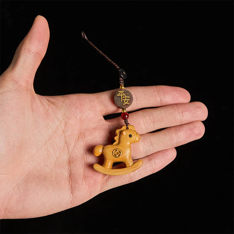 Buddha Stones Year of the Horse Rainbow Eucalyptus Small Leaf Red Sandalwood Linden Wood Ebony Carved Positive Key Chain