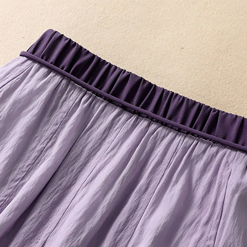 Buddha Stones Casual Contrasting Color Pleated Lace-Up Design Women's Cotton Linen 7-8 Length Skirt