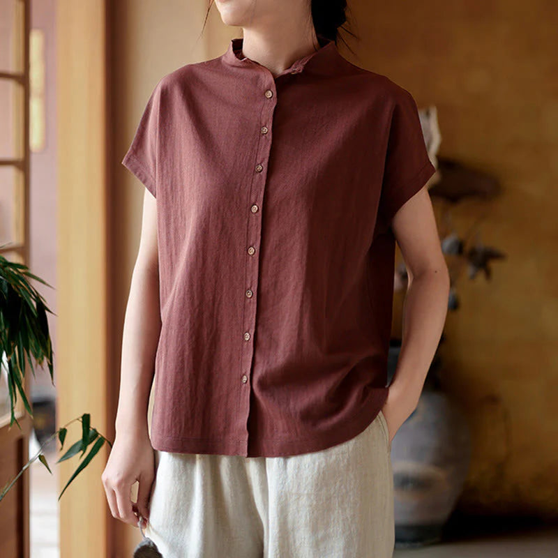 Buddha Stones Vintage Buttons Design Stand Collar Cotton Short Sleeve Women's Shirt