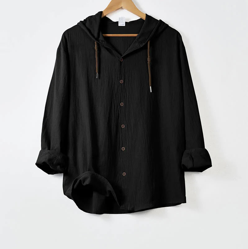 Buddha Stones Solid Color Long Sleeve Hooded Drawstring Buttons Cotton Men's Shirt