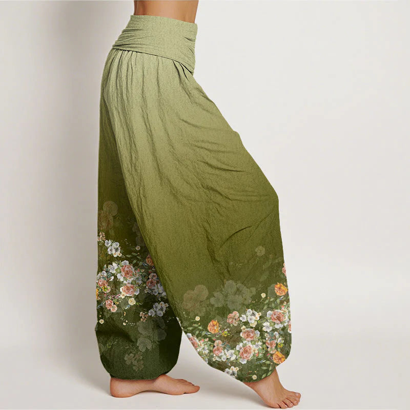 Buddha Stones Cotton Colorful Rose Flowers Design Women's Elastic Waist Harem Pants