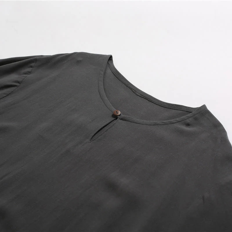 Buddha Stones Men's Solid Color Round Neck Short Sleeve CottonÂ Linen Shirt