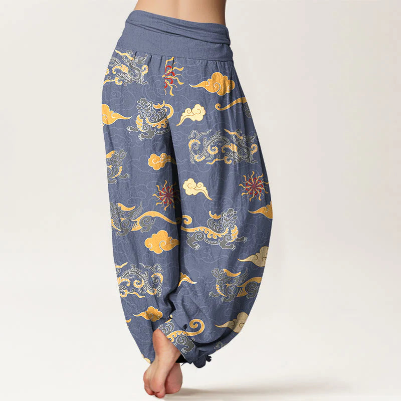 Buddha Stones Cotton Gorgeous Dragon Auspicious Beast Cloud Pattern Women's Elastic Waist Harem Pants