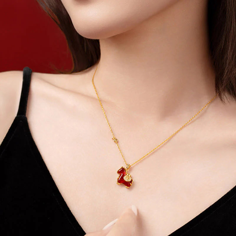 Buddha Stones Year Of The Horse Red Agate Fu Character Confidence Necklace Pendants