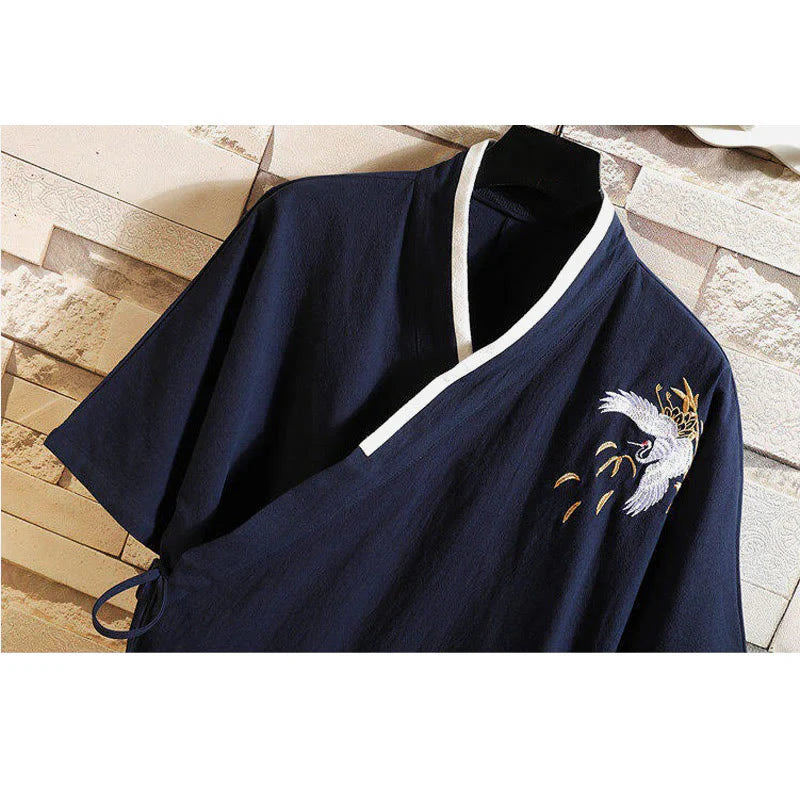 Buddha Stones Tang Suit Embroided Crane Pattern Lace-Up Side Men's Cotton Linen Short Sleeve T-Shirt