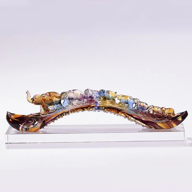 Buddha Stones Handmade Liuli Crystal Ruyi Elephant Art Piece Home Decoration With Crystal Base