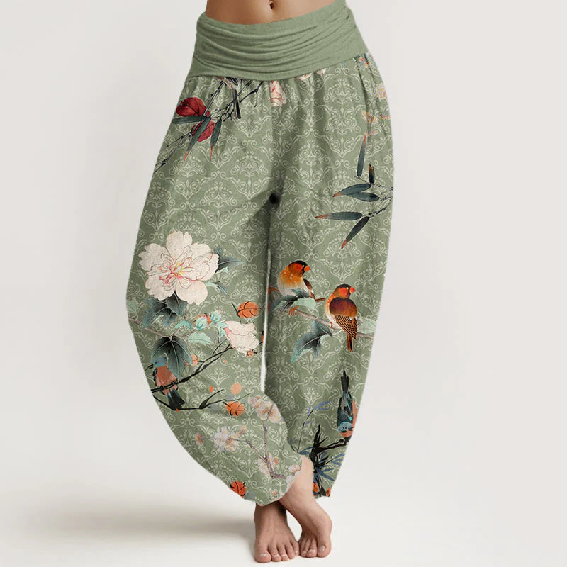 Buddha Stones Cotton Warbler Bird Blooming Flower Branches Mandala Pattern Women's Elastic Waist Harem Pants