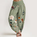 Buddha Stones Cotton Warbler Bird Blooming Flower Branches Mandala Pattern Women's Elastic Waist Harem Pants