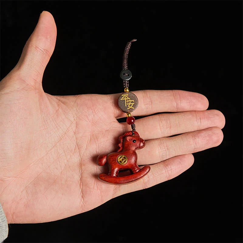 Buddha Stones Year of the Horse Rainbow Eucalyptus Small Leaf Red Sandalwood Linden Wood Ebony Carved Positive Key Chain