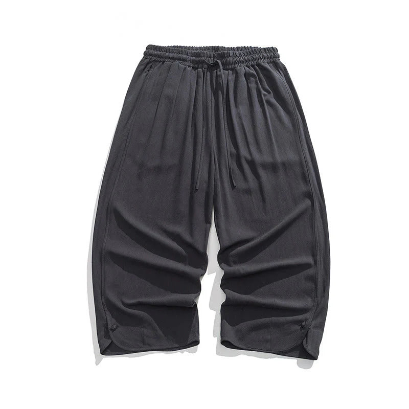 Buddha Stones Summer Plain Drawstring Design Linen Cotton Men's 7-8 Length Pants With Pockets