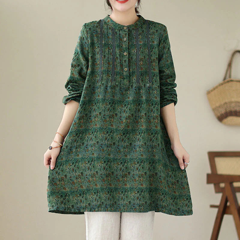 Buddha Stones Retro Printed Floral Women's Accordion Pleats Design Long Sleeve Shirt With Pockets