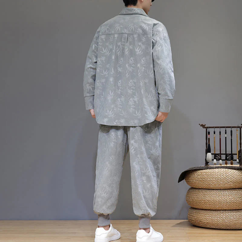 Buddha Stones 2Pcs Winter Thick Bamboo Men's Tang Suit Frog-Button Cotton Corduroy Long Sleeve Jacket Pants Set With Pockets