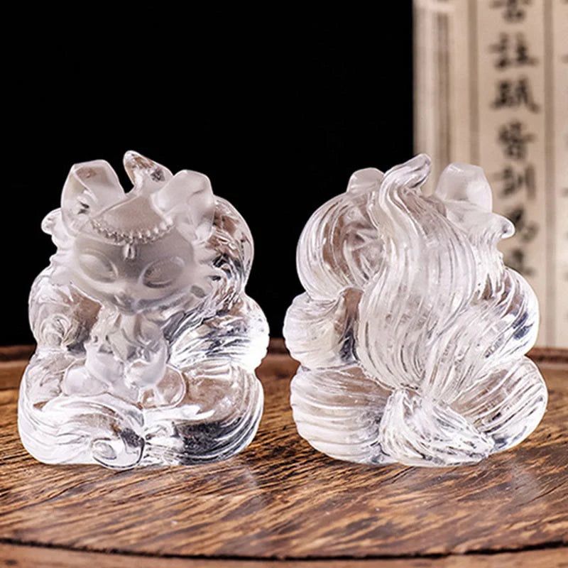 Buddha Stones Natural White Crystal Mini Small Nine Tailed Fox Carved Healing Home Decoration