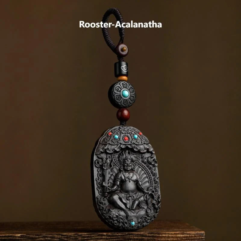 Buddha Stones Chinese Zodiac Natal Buddha Year of the Horse Om Mani Padme Hum Lotus Ebony Blessing Key Chain