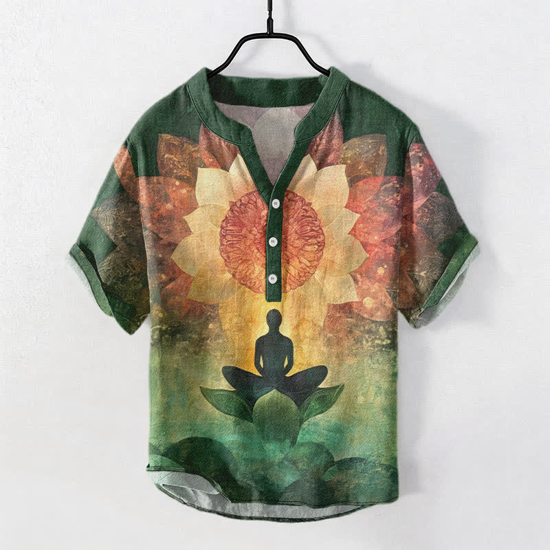 Buddha Stones Cotton Lotus Meditating Figure Pattern Men's Short Sleeve Half Button Shirt