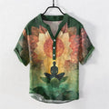 Buddha Stones Cotton Lotus Meditating Figure Pattern Men's Short Sleeve Half Button Shirt