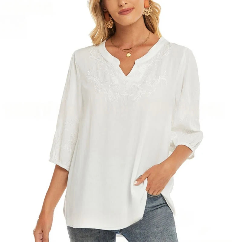 Buddha Stones Casual Solid Color Embroidery Flower Three Quarter Sleeve V-Neck Women's T-Shirt