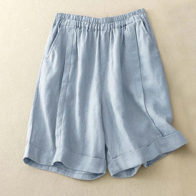 Buddha Stones Casual Solid Color Women's Cotton Shorts With Pockets
